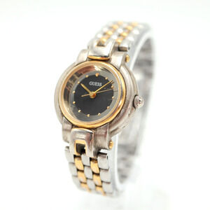 Vintage Guess Womens Two Tone Watch 25mm Black Mirror Dial 5.75" w New Battery
